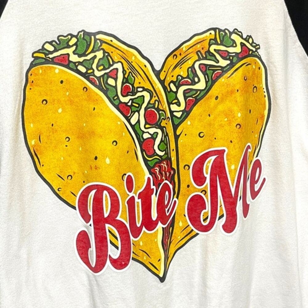 Bite Me Taco Heart Valentine Raglan White Black XL - Picture 3 of 4